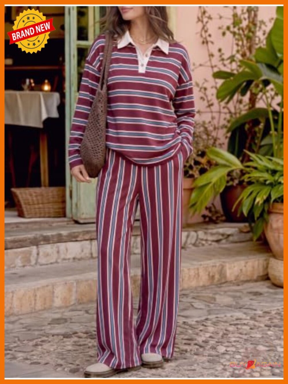 Women's 2-Piece Lounge Set Striped Long Sleeve Polo Wide Leg Pants - Picture 3 of 5